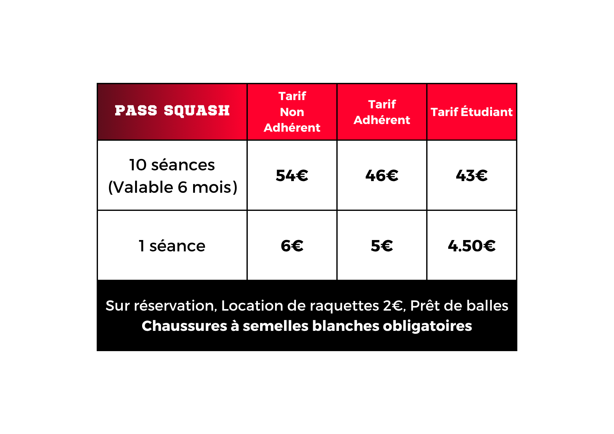 Tarifs Squash